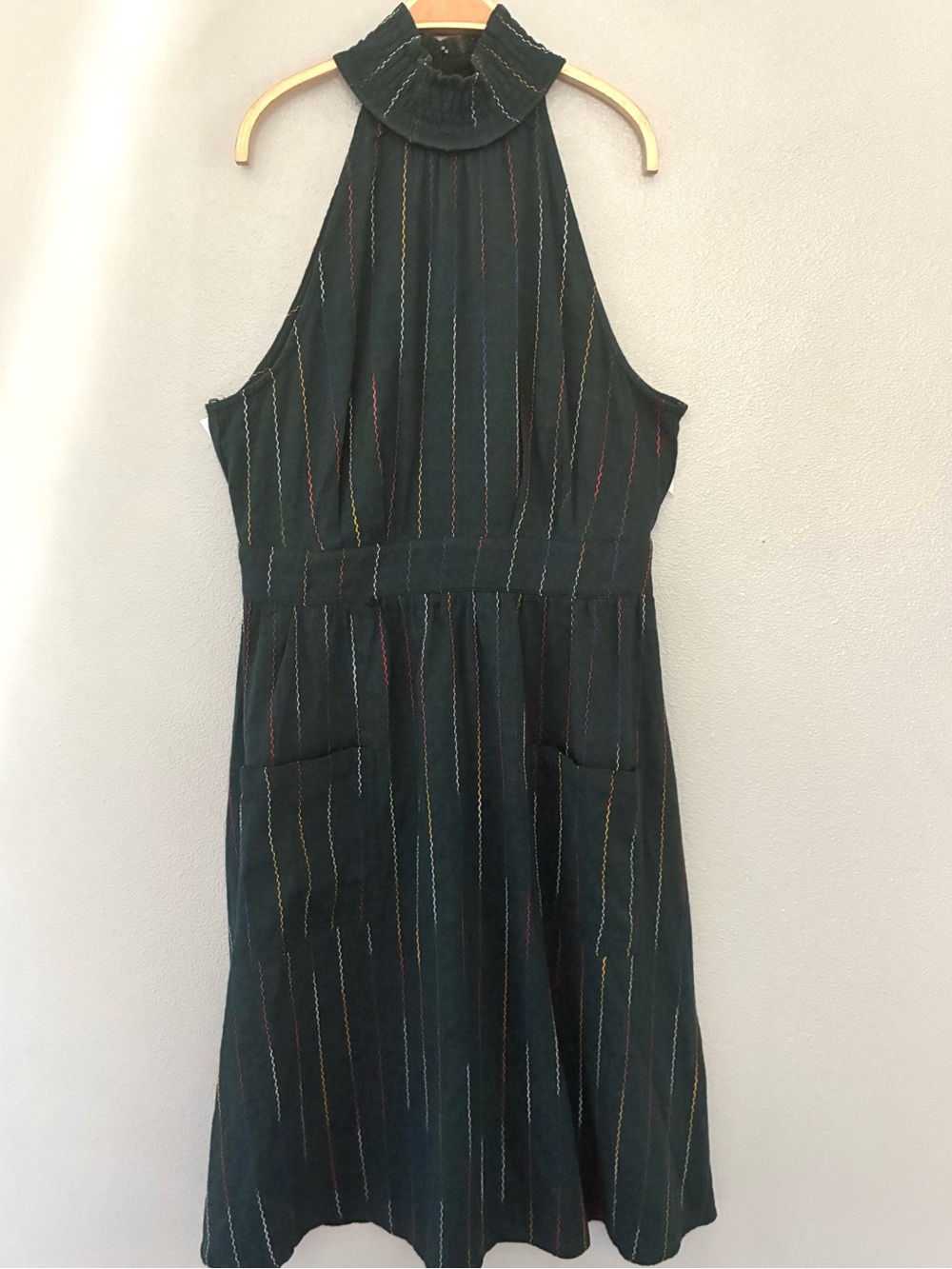Moon River Dark Green Halter Midi Dress with Multicolor Pinstripes size M